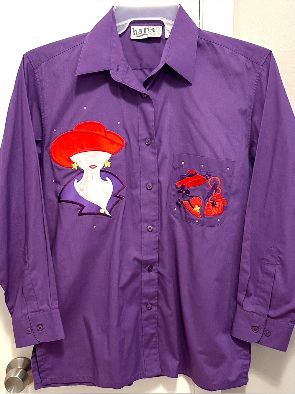Vintage Hana Purple Button Up Shirt S Embroidered Appliqué Woman Red Hat Heels
